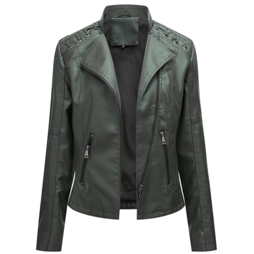 WOWEI Damen PU Leder Jacke Frühling Herbst Bekleidung Mode Female Kunstlederjacke Kurz Moto Biker Mantel Motorradjacke Damen Leicht Lederjacke mit Reißverschluss (Grün, L) von WOWEI