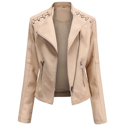 WOWEI Damen PU Leder Jacke Frühling Herbst Bekleidung Mode Female Kunstlederjacke Kurz Moto Biker Mantel Motorradjacke Damen Leicht Lederjacke mit Reißverschluss (Khaki, M) von WOWEI