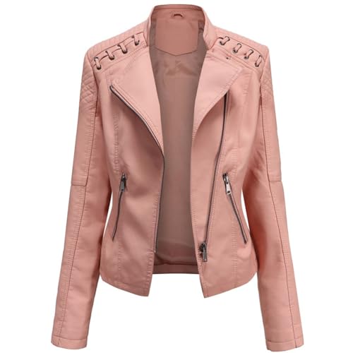 WOWEI Damen PU Leder Jacke Frühling Herbst Bekleidung Mode Female Kunstlederjacke Kurz Moto Biker Mantel Motorradjacke Damen Leicht Lederjacke mit Reißverschluss (Rosa, M) von WOWEI