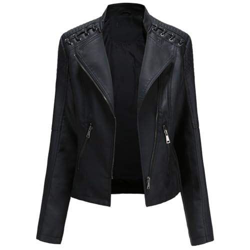 WOWEI Damen PU Leder Jacke Frühling Herbst Bekleidung Mode Female Kunstlederjacke Kurz Moto Biker Mantel Motorradjacke Damen Leicht Lederjacke mit Reißverschluss (Schwarz, S) von WOWEI