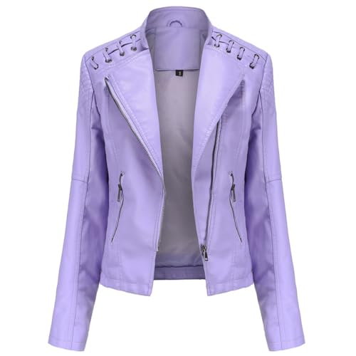 WOWEI Damen PU Leder Jacke Frühling Herbst Bekleidung Mode Female Kunstlederjacke Kurz Moto Biker Mantel Motorradjacke Damen Leicht Lederjacke mit Reißverschluss (Violett 3, M) von WOWEI