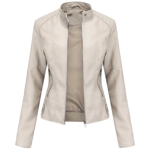 WOWEI Damen PU Leder Jacke Frühling Herbst Female Kunstlederjacke Kurz Mode Moto Biker Mantel Motorradjacke Leicht Lederjacke mit Reißverschluss (Beige, M) von WOWEI