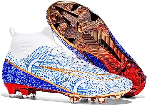 WOWEI Fußballschuhe Herren High Top Spike Cleats Outdoor Athletics Fußballschuhe Kinder Professionelle Trainingsschuhe Sport Fußball Stiefel (BLU YT, 40EU) von WOWEI