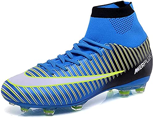 WOWEI Fußballschuhe Herren High Top Spike Cleats Outdoor Athletics Fußballschuhe Kinder Professionelle Trainingsschuhe Sport Fußball Stiefel Wettkampf (Blau Schwarz, 31) von WOWEI