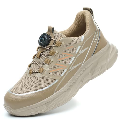 WOWEI Sicherheitsschuhe Arbeitsschuhe mit Stahlkappe Herren Damen Drehverschluss Leichte Atmungsaktive Sportliche Stahlkappenschuhe Schutzschuhe rutschfeste (Braun, 46EU) von WOWEI