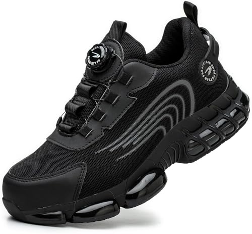 WOWEI Sicherheitsschuhe Arbeitsschuhe mit Stahlkappe Herren Damen Drehverschluss Leichte Atmungsaktive Sportliche Stahlkappenschuhe Schutzschuhe rutschfeste (Schwarz 1, 43EU) von WOWEI
