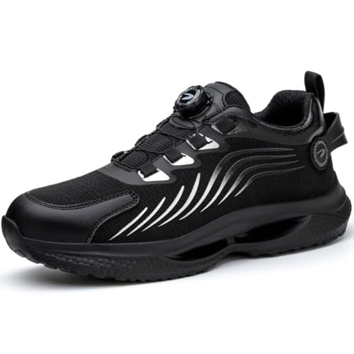 WOWEI Sicherheitsschuhe Arbeitsschuhe mit Stahlkappe Herren Damen Drehverschluss Leichte Atmungsaktive Sportliche Stahlkappenschuhe Schutzschuhe rutschfeste (Schwarz 5, 41EU) von WOWEI