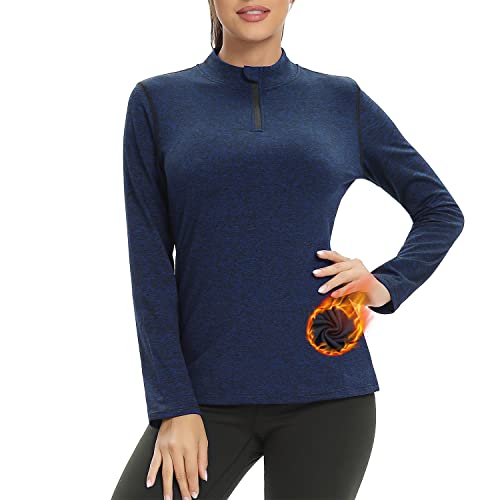 Damen Fleece Laufshirt Fleecepullover Langarm, 1/4 Reißverschlus Funktionsshirt Thermo Atmungsaktive Sportshirt Fitness Shirt Winter Warm,Blau,S von WOWENY