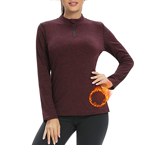 Damen Fleece Laufshirt Fleecepullover Langarm, 1/4 Reißverschlus Funktionsshirt Thermo Atmungsaktive Sportshirt Fitness Shirt Winter Warm,Rotwein,M von WOWENY