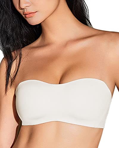 Damen Trägerloser BH ohne bügel Push Up mit abnehmbare Träger Non-Slip Trägerlos Bandeau BHS,Weiß,S von WOWENY