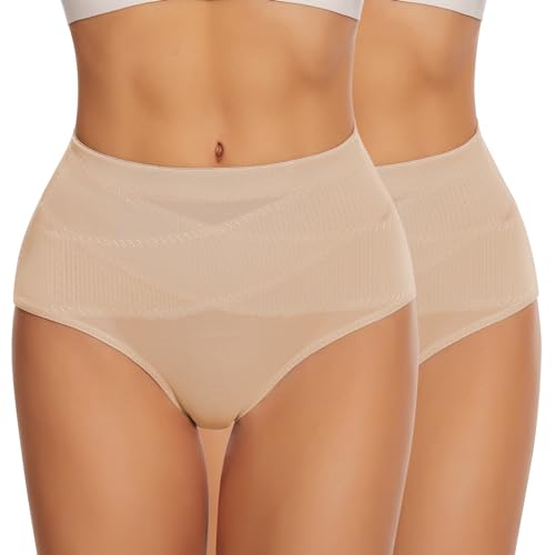 WOWENY 2 Pack Bauchweg Unterhose Damen Figurformende Shapewear Taillenslip Unterbauch Weg Slip Mittlere Taille Atmungsaktive Mesh Miederslips[Beige, von WOWENY