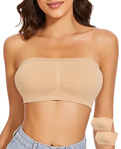 WOWENY 2-Stück Damen Bandeau BH Hautfarben Trägerlos Gepolstert Tube Top BHS Traegerloses Bustier Nahtlos Bralette Atmungsaktiver Strecken(Beige, 2XL) von WOWENY