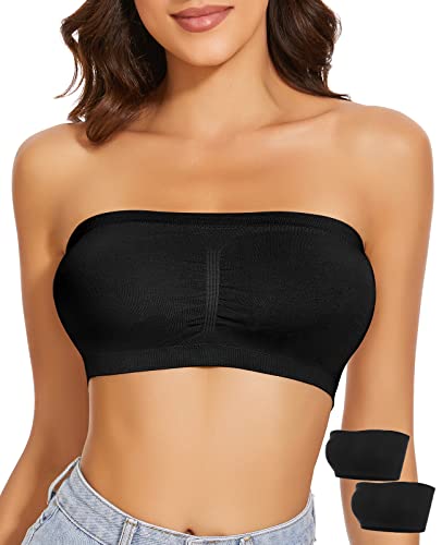 WOWENY 2-Stück Damen Bandeau BH Trägerlos Gepolstert Tube Top BHS Traegerloses Bustier Nahtlos Bralette Atmungsaktiver Strecken(Schwarz, L) von WOWENY