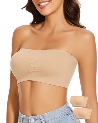 WOWENY 2er Pack Bandeau BH Gepolstert Damen Hautfarben Trägerlos Tube Top BHS ohne Träger Nahtlos Atmungsaktiver Soft von WOWENY