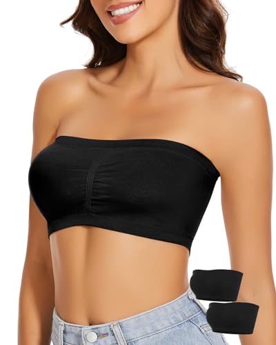 WOWENY 2er Pack Bandeau BH Gepolstert Damen Trägerlos Tube Top BHS ohne Träger Nahtlos Atmungsaktiver Soft[Schwarz, von WOWENY