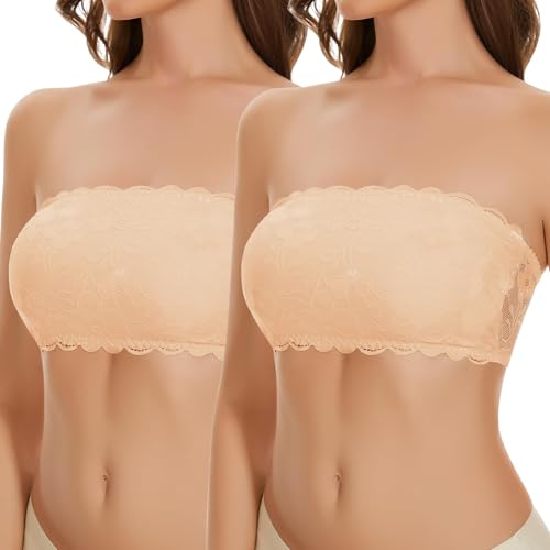 WOWENY 2er Pack Bandeau BH Spitze Damen Trägerlos Gepolstert Tube Top BHS ohne Bügel Bustier Bralette mit Transparenten Trägern(Beige*2, M) von WOWENY