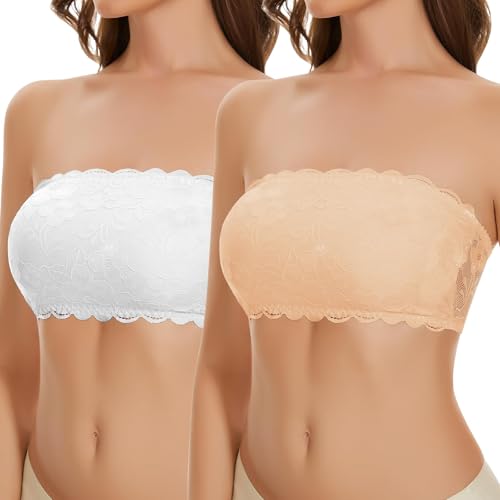 WOWENY 2er Pack Bandeau BH Spitze Damen Trägerlos Gepolstert Tube Top BHS ohne Bügel Bustier Bralette mit Transparenten Trägern(Weiß+Beige, M) von WOWENY