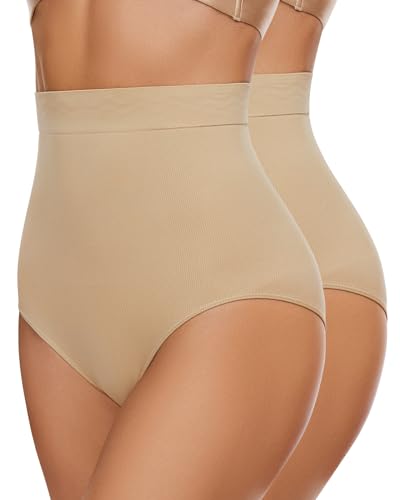 WOWENY 2er Pack Bauchweg Unterhose Damen Shapewear Figurformende Miederslips Shaping Unterwäsche Hohe Taille Elastisch Miederpant[Beige, M-L] von WOWENY
