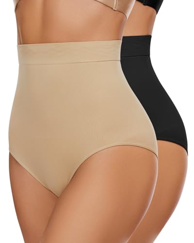 WOWENY 2er Pack Bauchweg Unterhose Damen Shapewear Figurformende Miederslips Shaping Unterwäsche Hohe Taille Shaper Miederpant[Schwarz+Beige, XL-2XL] von WOWENY