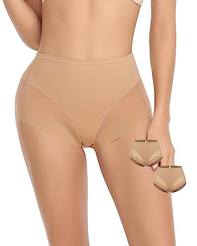 WOWENY 2er Pack Bauchweg Unterwäsche Damen Miederhose mit Bauch-Weg-Effekt Shapewear Stark Formend Miederslip Bauch Weg Stark Formend Slip,Beige,XL von WOWENY