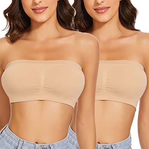 WOWENY 2er Pack Damen Bandeau BH Hautfarben Trägerlos Gepolstert Tube Top BHS Traegerloses Bustier Nahtlos Bralette Atmungsaktiver Strecken(Beige, XL) von WOWENY
