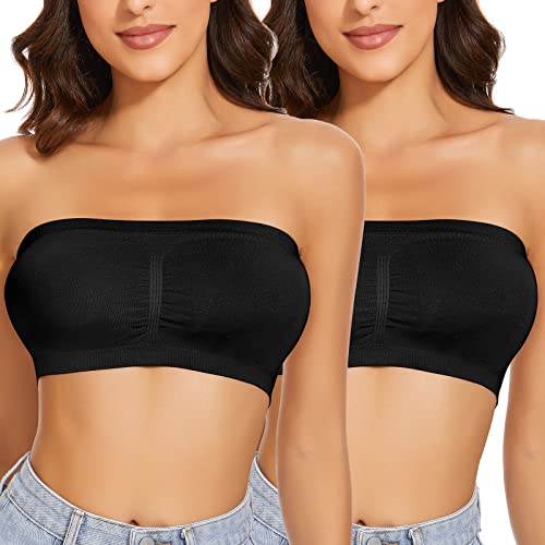 WOWENY 2er Pack Damen Bandeau BH Trägerlos Gepolstert Tube Top BHS Traegerloses Bustier Nahtlos Bralette Atmungsaktiver Strecken(Schwarz, L) von WOWENY