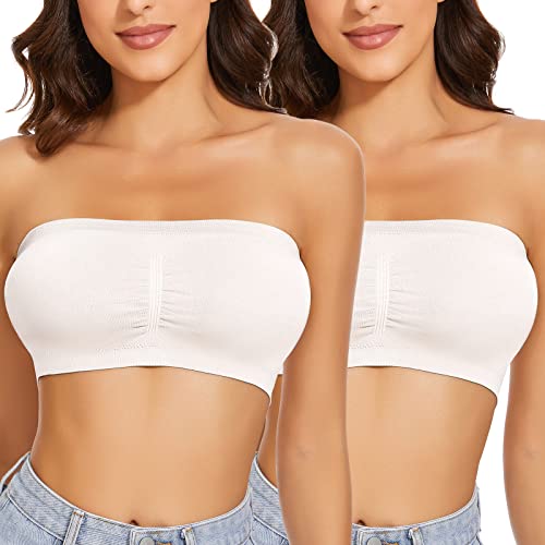 WOWENY 2er Pack Damen Bandeau BH Trägerlos Gepolstert Tube Top BHS Traegerloses Bustier Nahtlos Bralette Atmungsaktiver Strecken(Weiss, S) von WOWENY