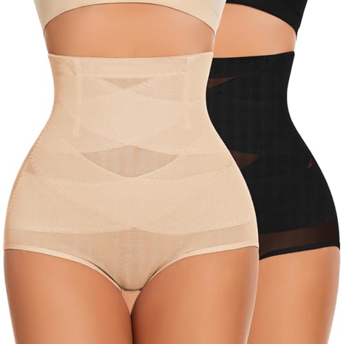 WOWENY 2er Pack Shapewear Damen Bauchweg Unterhose Hohe Taille Figurformende Unterwäsche Slip Butt Lifter Atmungsaktive Miederslips Schlüpfer Stark Formend (Schwarz+Hautfarben,XXL) von WOWENY