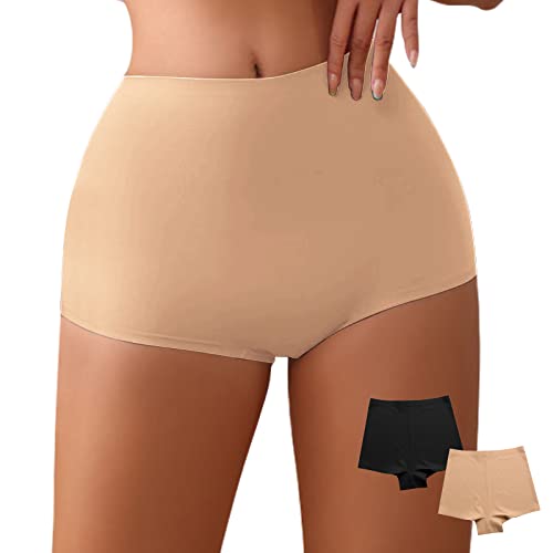 WOWENY 2er Pack Unterwäsche Damen nahtlos Slips Seamless Hohe Taille Bauchweg Unterhose Bequeme Panties Underwear，Schwarz und Beige，L von WOWENY