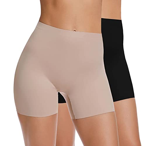 WOWENY Anti-Scheuer-Slip-Shorts für Unterkleider, Unterwäsche für Damen, Oberschenkelbänder, A03-2 Pack-schwarz + beige, S von WOWENY