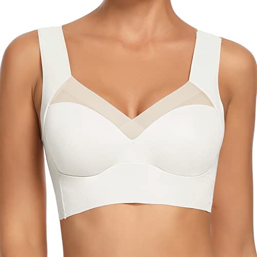 WOWENY BH Damen Ohne Bügel BH Rückenfrei Vollschalen BH Damen Unterwäsche Schlaf Bustier Bralette Komfort Weicher Klassischer BH Weiß L von WOWENY