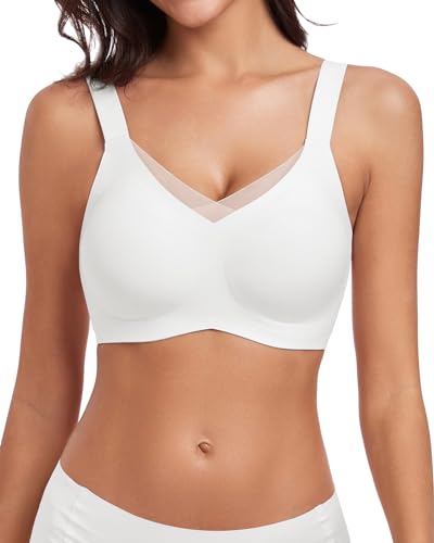 WOWENY BH Damen Ohne Bügel- Push-Up Gepolsterter Bügelloser Bustier Spitze Bralette - Komfort Unsichtbarer Seamless Soft BH A-Weiß XL von WOWENY