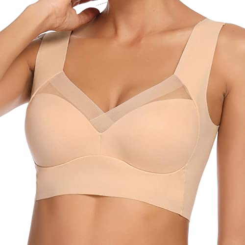 WOWENY BH Damen Ohne Bügel Schlaf Bustier Push up Damen Bralette T Shirt BH Schalen BHS Bügelloser Still Klassischer BH Top Rückenfrei Komfort Weich Beige 3XL von WOWENY