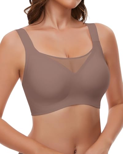 WOWENY BH Damen ohne Bügel Gepolstert Bustier Große Brüste Starker Halt T-Shirt BH Bügelloser Seamless Mesh Bralette Klassische BHS Kaffee M von WOWENY