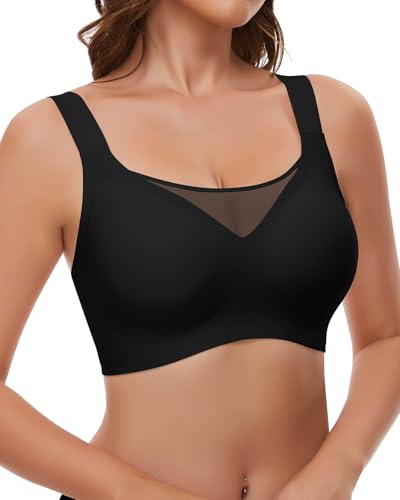 WOWENY BH Damen ohne Bügel Gepolstert Bustier Große Brüste Starker Halt T-Shirt BH Bügelloser Seamless Mesh Bralette Klassische BHS Schwarz L WOWENY BH Damen ohne Bügel Gepolstert Bustier Große Brüste Starker Halt T-Shirt BH Bügelloser Seamless Mesh Bralette Klassische BHS Schwarz L von WOWENY