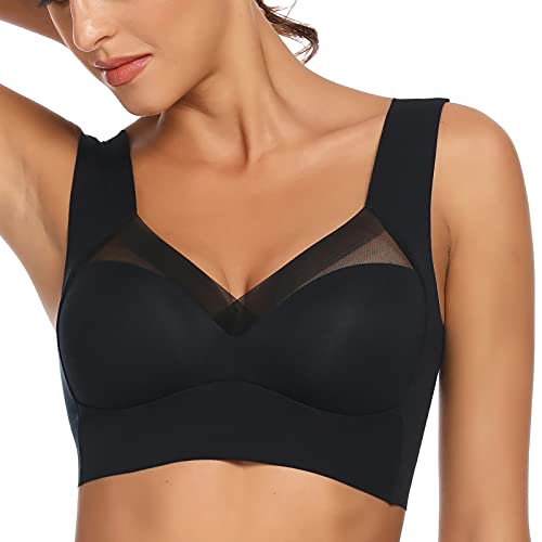 WOWENY BH Damen Ohne Bügel Schlaf Bustier Push up Damen Spitze Bralette T Shirt BH Schalen BHS Bügelloser Still Klassischer BH Top Bralette Komfort Weicher Seamless Schwarz L von WOWENY