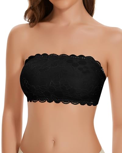 WOWENY BH Spitze Damen Trägerlos Büstenhalter ohne Träger oder Durchsichtige Träger Tube Top BH Oberteil Bandeau Top Damen mit eingefügten Pads Trägerloser BH, Schwarz, S von WOWENY