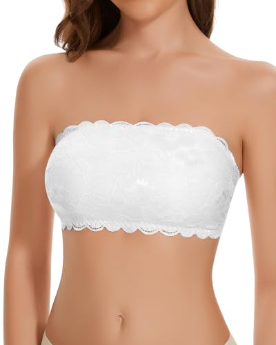 WOWENY Trägerloser Spitzen-BH Damen - Büstenhalter Mit Durchsichtigen Trägern, Tube Top, Bandeau Top Mit Eingefügten Pads, Weiß, Gr. L von WOWENY