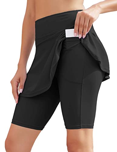 WOWENY Baderock Damen Hoche Taille Bademode Damen Bauchweg Sportrock Schwimmrock Strand Rock mit Short Schnell Trocknendes Wassersport Badeshorts 1-Schwarz L von WOWENY