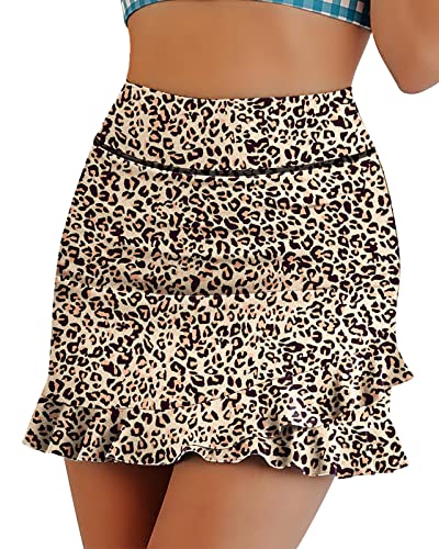 WOWENY Baderock Damen mit Innenslip Bauchweg Rüschen saum Bikini Rock Damen Wassersport Schwimmrock Elegant Damen Bademode Kurz Rock Ruffle Leopard L von WOWENY