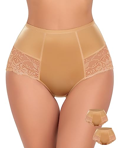 WOWENY Bauchweg Slip Damen Mit Spitze Shapewear Für Damen Taillenslip Pantys Elegant Unterhose Unterwäsche Miederslips Sexy Slip,2er Pack Beige,M von WOWENY