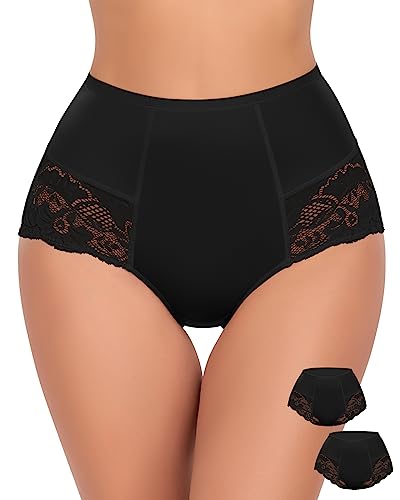 WOWENY Bauchweg Slip Damen Mit Spitze Shapewear Für Damen Taillenslip Pantys Elegant Unterhose Unterwäsche Miederslips Sexy Slip,2er Pack Schwarz,M von WOWENY