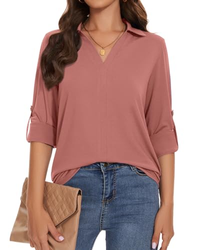 WOWENY Bluse Damen Langarm V-Ausschnitt Oberteile Elegant Business Tunika Shirt Lässig Blusen mit Reverskragen Langarmshirt,Rosa,M von WOWENY