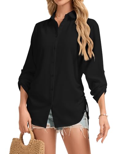 WOWENY Bluse Damen V-Ausschnitt Hemdbluse Langarm Longbluse Tunika mit Kordelzug Lässiges Langarmshirt zum Knöpfen Casual Aufrollen Tops,Schwarz,M von WOWENY