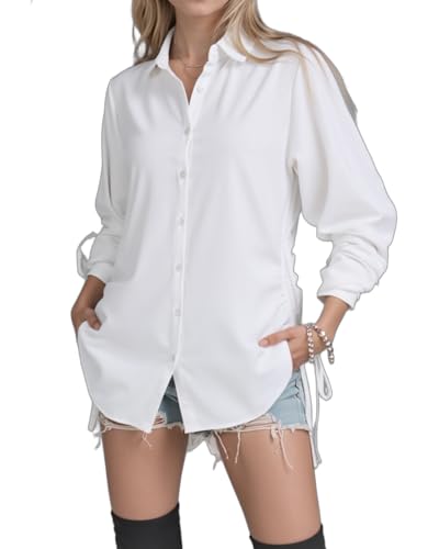 WOWENY Bluse Damen V-Ausschnitt Hemdbluse Langarm Longbluse Tunika mit Kordelzug Lässiges Langarmshirt zum Knöpfen Casual Aufrollen Tops,Weiß,XL von WOWENY