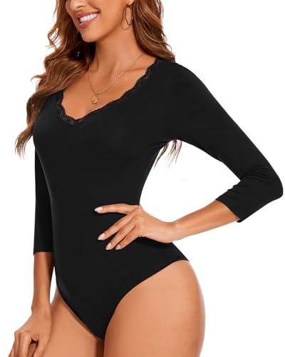 WOWENY Body Damen 3/4 Arm Elegant Spitzenbody Shirt Dreiviertelarm Oberteil mit Spitze V Ausschnitt Tshirt Bodysuit Leotard Schwarz WOWENY Body Damen 3/4 Arm Elegant Spitzenbody Shirt Dreiviertelarm Oberteil mit Spitze V Ausschnitt Tshirt Bodysuit Leotard Schwarz von WOWENY