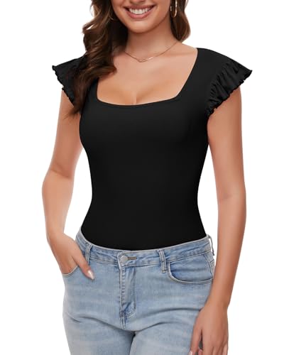 WOWENY Body Damen Elegant Top Sommer Oberteile Damen Rüschen Ärmellos t Shirt Body mit Eckigem Ausschnitt Trachtenbody Ribbed Bodysuit Women Damenbody für Damen Schwarz S von WOWENY