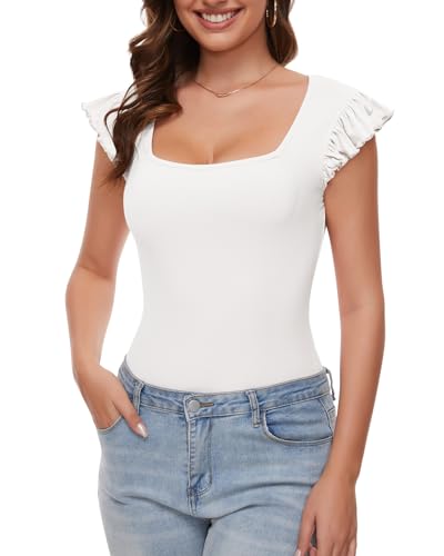 WOWENY Body Damen Elegant Top Sommer Oberteile Damen Rüschen Ärmellos t Shirt Body mit Eckigem Ausschnitt Trachtenbody Ribbed Bodysuit Women Damenbody für Damen Weiß M von WOWENY