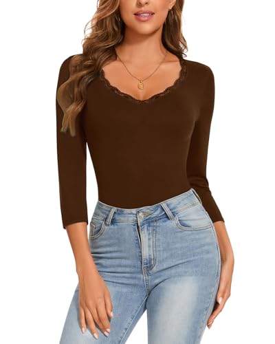 WOWENY Body Damen Elegant Spitze 3/4 Ärmel Bodysuit Women Tops mit V Ausschnitt Damenbody für damen Tanz-Body Stringbody Trachtenbody Spitzenbody 7-Braun L von WOWENY