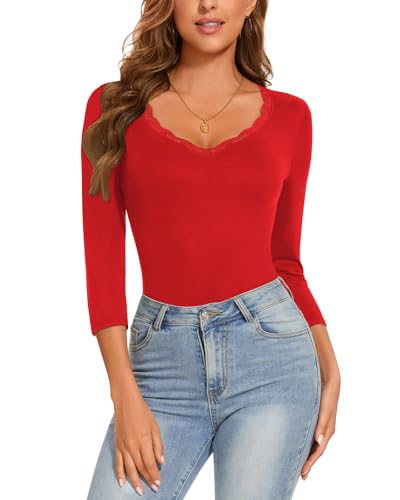 WOWENY Body Damen Elegant Spitze 3/4 Ärmel Bodysuit Women Tops mit V Ausschnitt Damenbody für damen Tanz-Body Stringbody Trachtenbody Spitzenbody 7-Rot M von WOWENY
